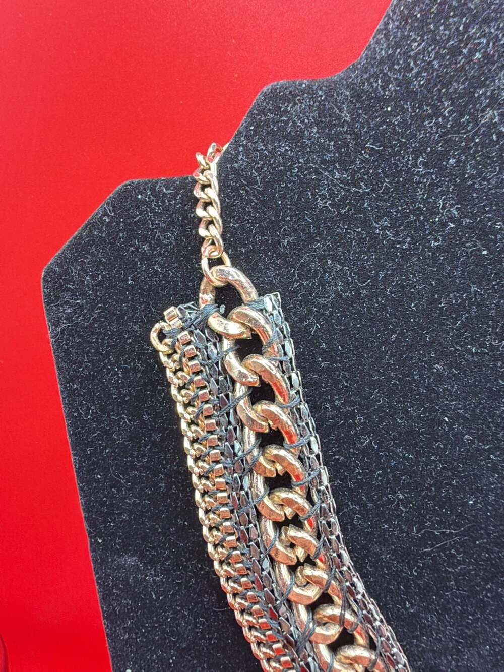 Layered Statement Necklace Multi-Chain Metal and Mesh Collar - Picture 3 of 7